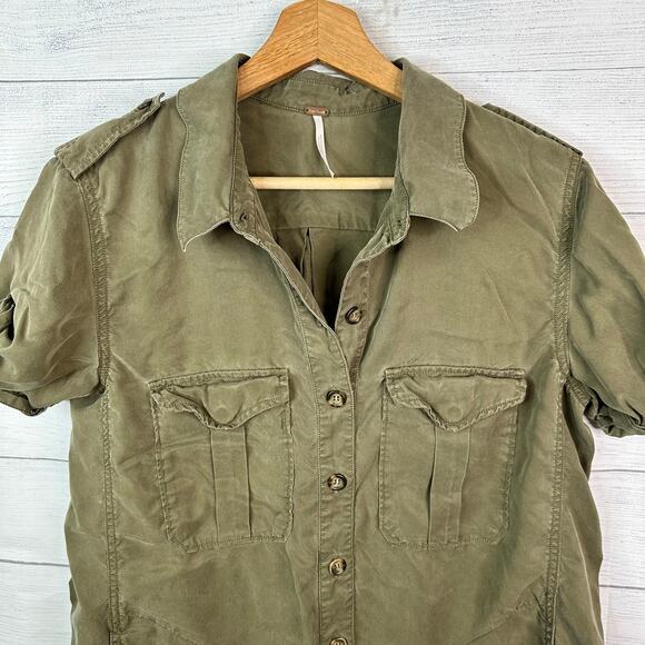 Free People Medium Green Utility Button Front Cuffed Sleeve Tunic Mini Dress - Picture 3 of 9